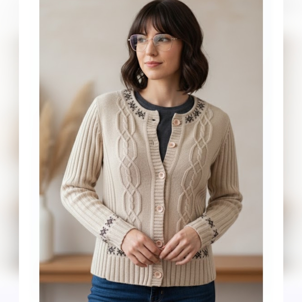 Les Collections Mat Women's Beige Cable Knit Button Cardigan, Size S